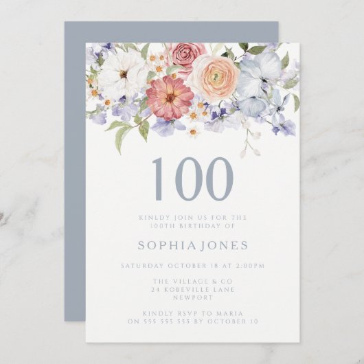 ゴージャスな植物学フローラ100th誕生日パーティー 招待状 (正面/裏面)