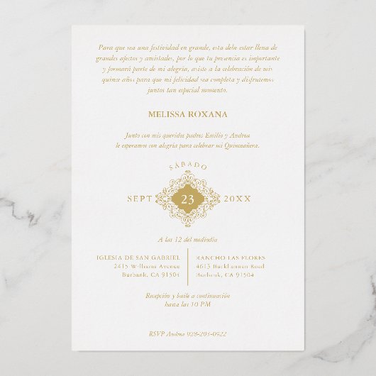 ゴージャスな楕円形の形状エフェクトスペインのキンセニェラ 箔招待状 (裏面)