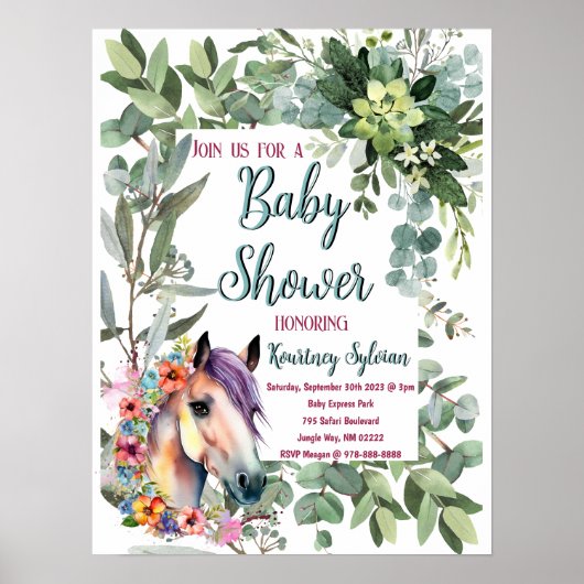 ゴージャスな水の色のフローラ馬の赤ちゃんシャワー ポスター (正面)