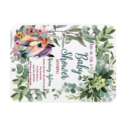 ゴージャスな水の色のフローラ馬の赤ちゃんシャワー マグネット (横)