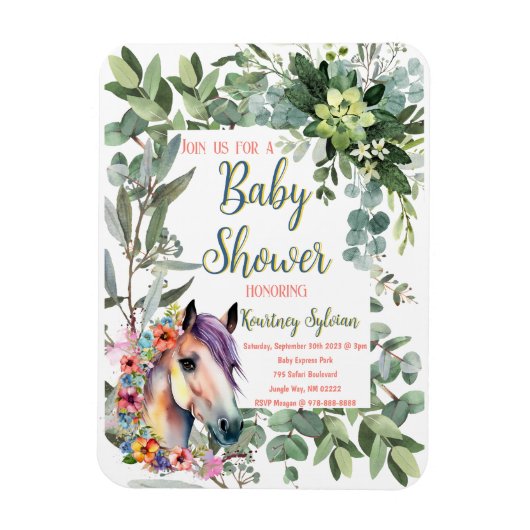 ゴージャスな水の色のフローラ馬の赤ちゃんシャワー マグネット (縦)