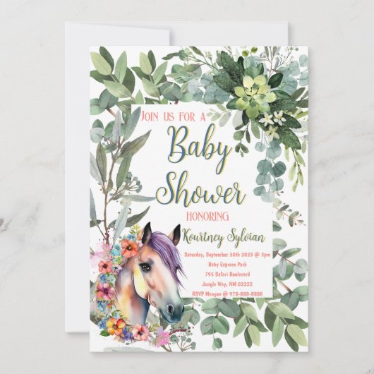 ゴージャスな水の色のフローラ馬の赤ちゃんシャワー 招待状 (正面)
