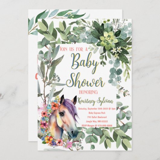 ゴージャスな水の色のフローラ馬の赤ちゃんシャワー 招待状 (正面/裏面)