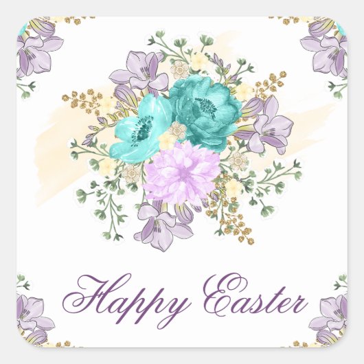 ゴージャスな水の色の春フローラブーケイースター スクエアシール (正面)