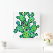 ゴージャスな水彩柄のサボテン スクエア壁時計 (ホーム)