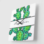 ゴージャスな水彩柄のサボテン スクエア壁時計 (傾斜)