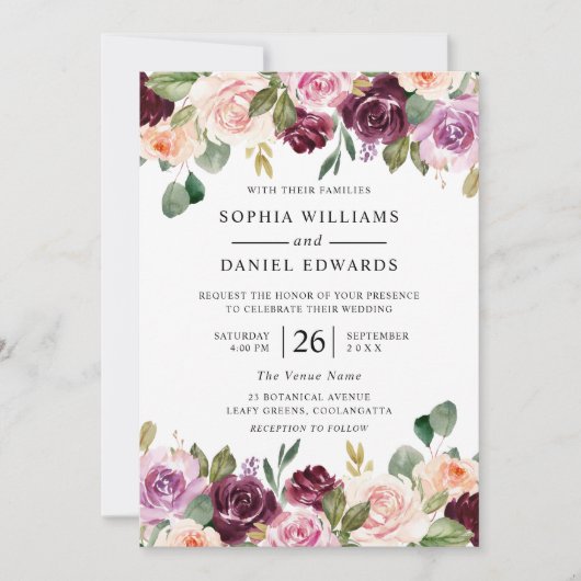 ゴージャスな水彩花サマーまたは秋の結婚式 招待状 (正面)