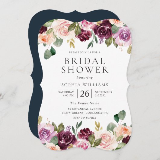 ゴージャスな水彩花サマーブライダルシャワー 招待状 (正面/裏面)