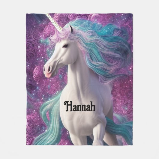 ゴージャスな白いユニコーンとターコイズと紫 フリースブランケット (正面)