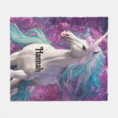 ゴージャスな白いユニコーンとターコイズと紫 フリースブランケット (正面(横))