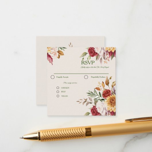 ゴージャスな秋カラフルの葉の結婚式RSVP エンクロージャーカード (正面/裏面インサイチュ)