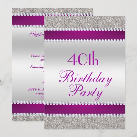 ゴージャスな紫とダイヤモンドの誕生日パーティー 招待状 (正面/裏面)