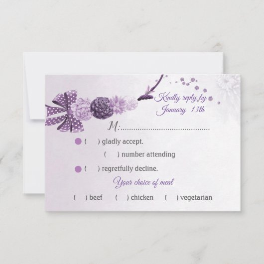 ゴージャスな紫色の色合いの花の食事の選択RSVP 出欠カード (正面)