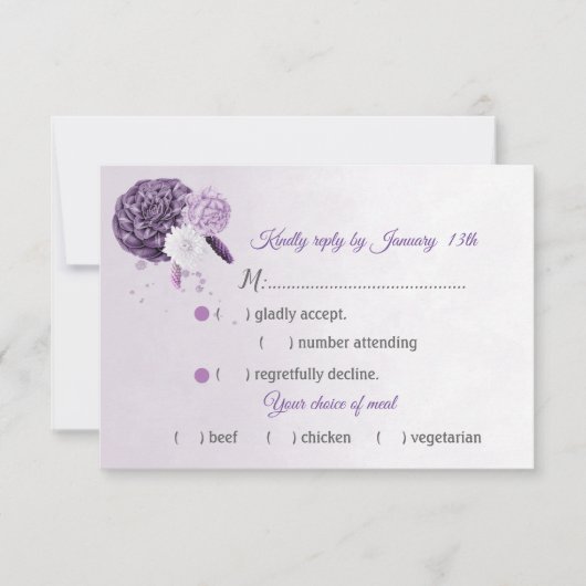 ゴージャスな紫色の色合いの花の食事の選択RSVP 出欠カード (正面)