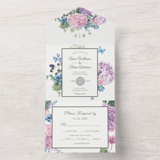 ゴージャスな絵を描手あじさいフローラ結婚ズ オールインワン招待状 (内側)