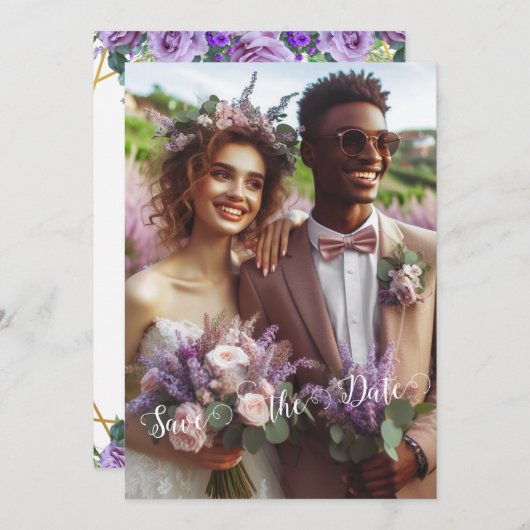 ゴージャスな薄紫ブドウ園 |写真の日付の保存 招待状 (正面/裏面)