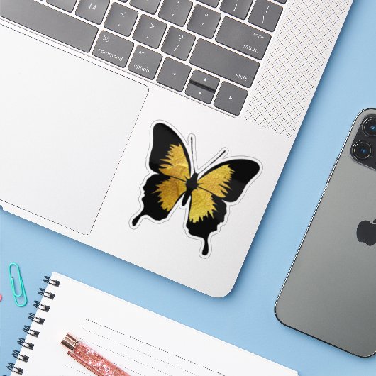 ゴージャスな蝶の光沢のある黄色の金ゴールド黒の輪郭 シール (ノートパソコンとiPhone)