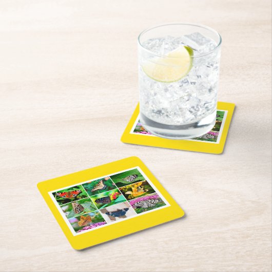 ゴージャスな蝶コラージュ， 9枚の写真 スクエアペーパーコースター (インサイチュ)