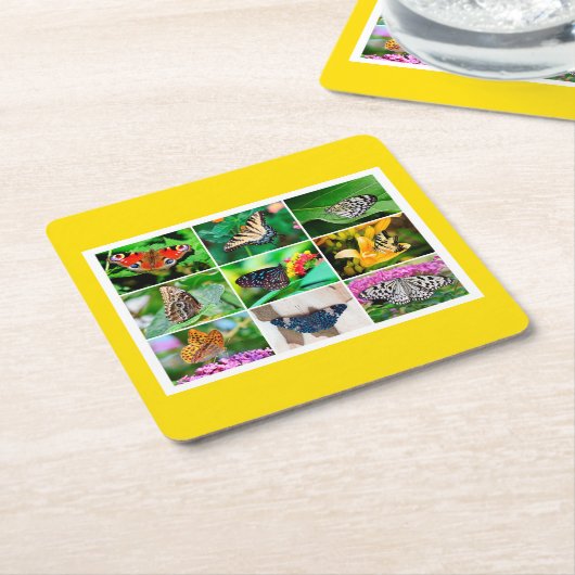 ゴージャスな蝶コラージュ， 9枚の写真 スクエアペーパーコースター (アングル)