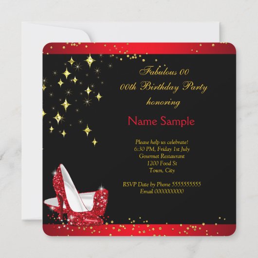 ゴージャスな赤いハイヒール ゴールドの誕生日パーティー2 招待状 (裏面)