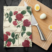 ゴージャスな赤いバラとクラシックヴィンテージ手書き キッチンタオル
