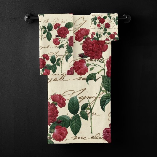 ゴージャスな赤いバラとクラシックヴィンテージ手書き バスタオルセット