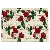ゴージャスな赤いバラとクラシックヴィンテージ手書き ラージペーパーバッグ (正面)