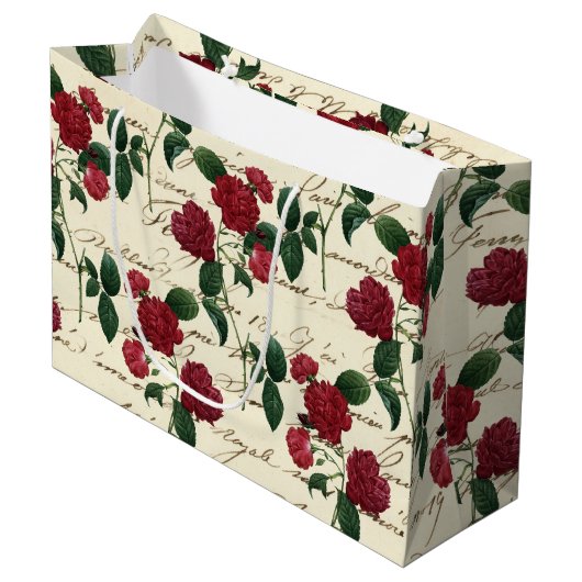 ゴージャスな赤いバラとクラシックヴィンテージ手書き ラージペーパーバッグ (正面アングル)