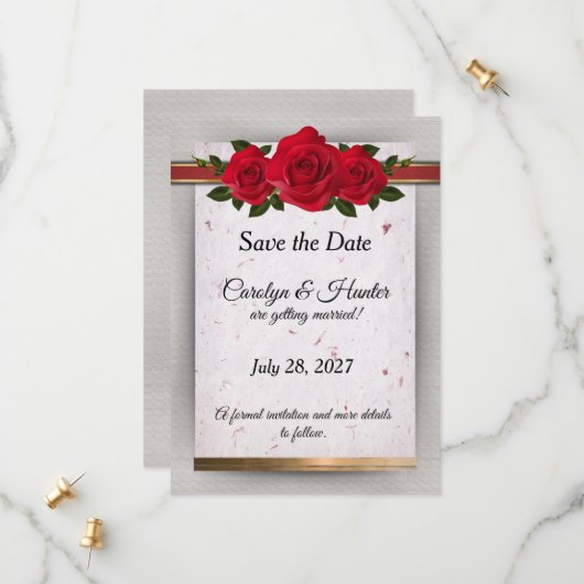 ゴージャスな赤いバラと金ゴールドアクセント結婚ズ セーブザデート (正面/裏面インサイチュ)