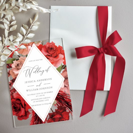 ゴージャスな赤いバラ結婚の枠 アクリル招待状