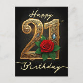 ゴージャスな赤いバラ オルネート ゴールド 21歳の誕生日 ポストカード (正面)