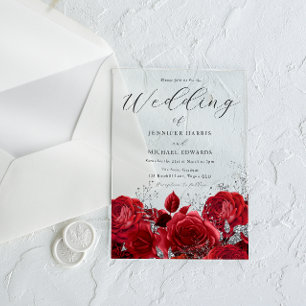 ゴージャスな赤いバラ&シルバー結婚ズ アクリル招待状
