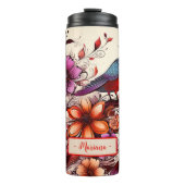 ゴージャスな赤の鳥と花のカスタム名サマー タンブラー (正面)