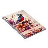 ゴージャスな赤の鳥と花のカスタム名サマー ノートブック (右側)
