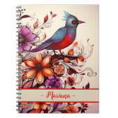 ゴージャスな赤の鳥と花のカスタム名サマー ノートブック (正面)