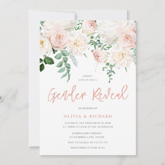 ゴージャスな赤面とホワイトフローラジェンダーがパーティーを表示 招待状 (正面)