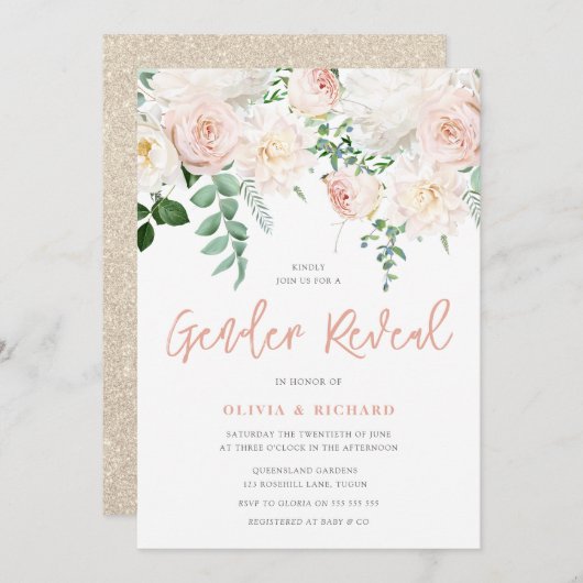 ゴージャスな赤面とホワイトフローラジェンダーがパーティーを表示 招待状 (正面/裏面)