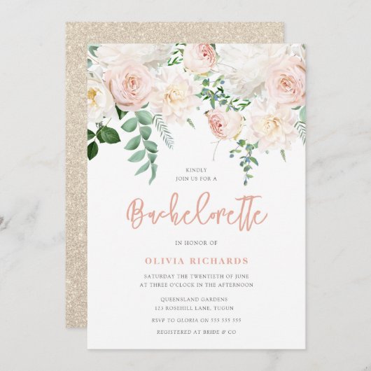 ゴージャスな赤面とホワイトフローラバチェロレッテ 招待状 (正面/裏面)