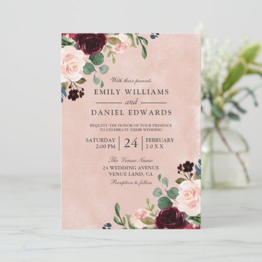 ゴージャスな赤面の水の色バーガンディ結婚フラワー 招待状 (スタンド正面)