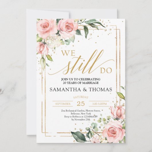 ゴージャスな赤面ピンクのフローラ金ゴールドフレーム我々はまだ 招待状 (正面)