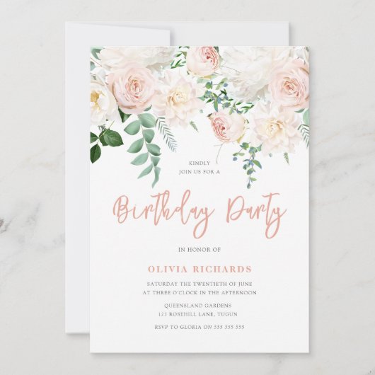 ゴージャスな赤面フローラオールエイジズバースデーパーティー 招待状 (正面)