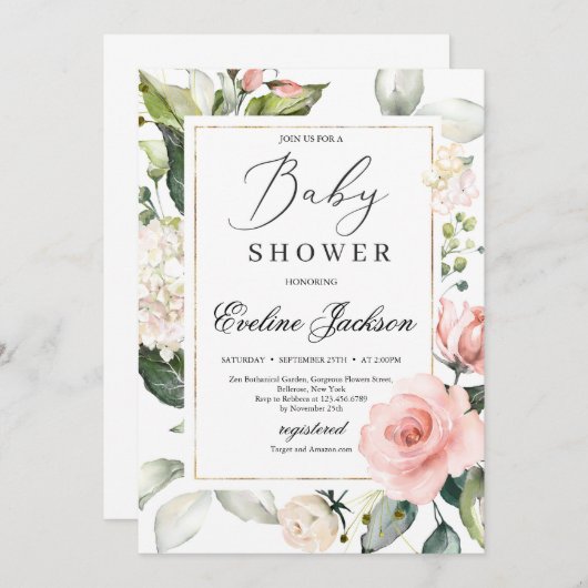 ゴージャスな赤面フローラフレーム金ゴールドベビーシャワー 招待状 (正面/裏面)