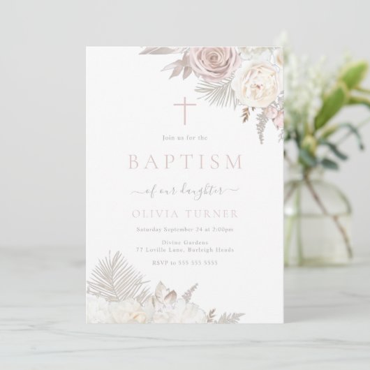 ゴージャスな赤面&アイボリーフローラバプテスマ 招待状 (スタンド正面)
