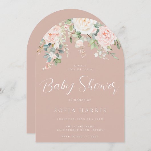 ゴージャスな赤面&アイボリー植物性ベビーシャワー 招待状 (正面/裏面)