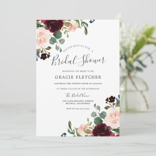 ゴージャスな赤面&バーガンディーフラワーズブライダルシャワー 招待状 (スタンド正面)