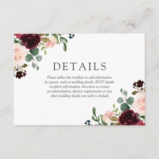 ゴージャスな赤面&ブルゴーニュの花エレガントな結婚式 エンクロージャーカード (正面)