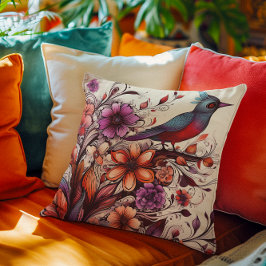 ゴージャスな赤鳥とフローラ夏 クッション