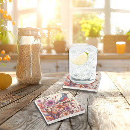 ゴージャスな赤鳥とフローラ夏 ストーンコースター