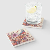 ゴージャスな赤鳥とフローラ夏 ストーンコースター (横)