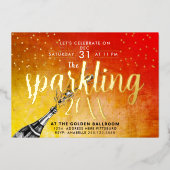 ゴージャスな輝きを放つ金赤の新年書道招待状 箔シーズンカード (正面)